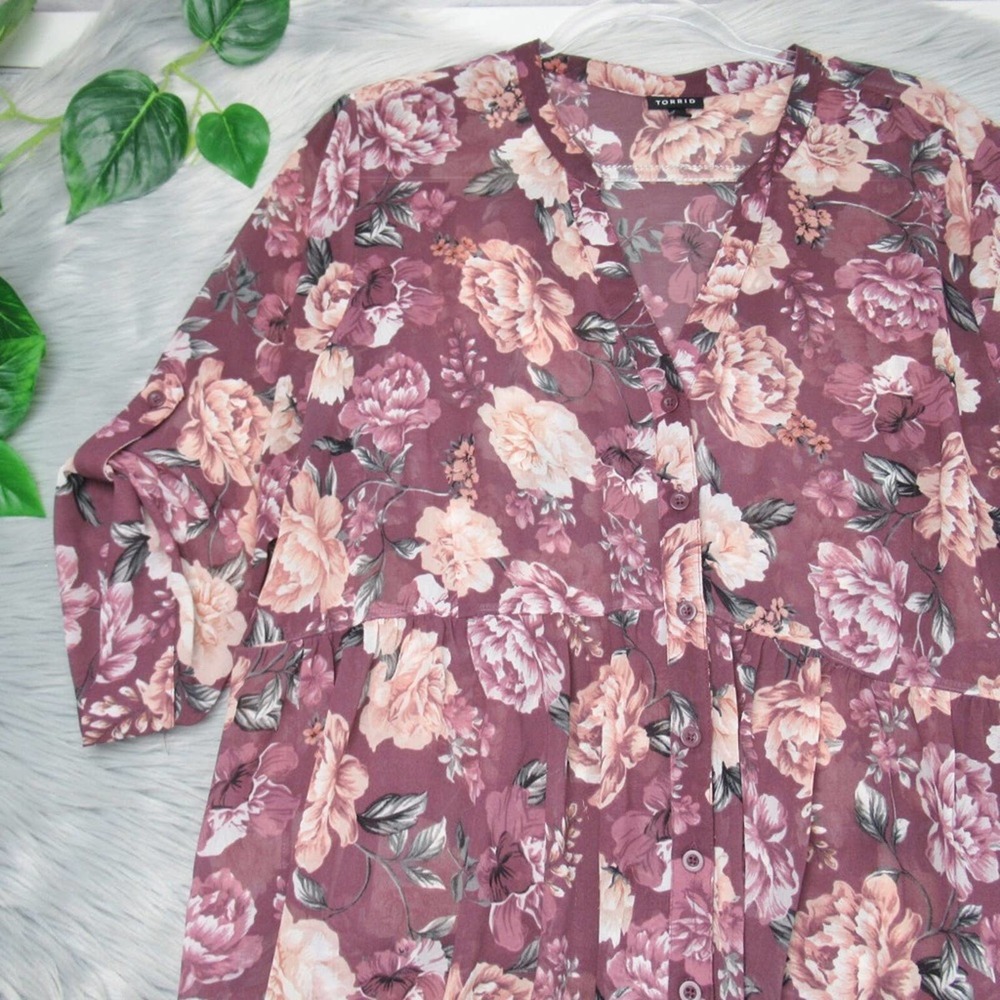 TORRID Sheer Floral Chiffon Hi-Lo Tunic Top V-Neck Tab Sleeve Plus Size 2X - Picture 6 of 11
